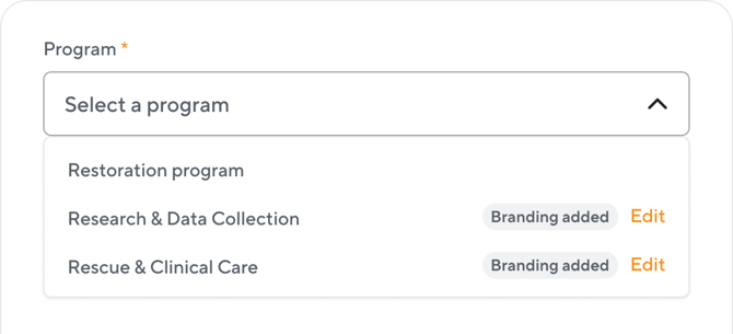 Program selector dropdown in POINT showing a list of programs, with "Branding added" labels next to programs that already have branding