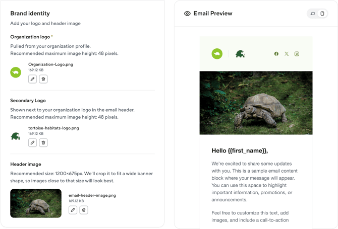 Brand identity section for program branding in POINT, showing organization logo, secondary logo, and header image fields alongside a live email preview