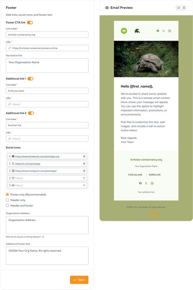 Footer settings for program branding in POINT, showing CTA link, additional links, social icons, and organization address, with a live email preview showing the final result