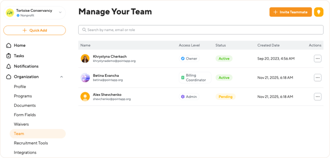 Team table showing Active, Pending, and Unclaimed statuses with the Send Invite button
