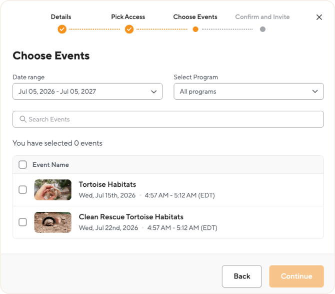 Choose Events step with date range and program filters, search, and event checkboxes