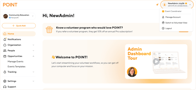 account menu open in the top right corner, showing the Event Coordinator role badge