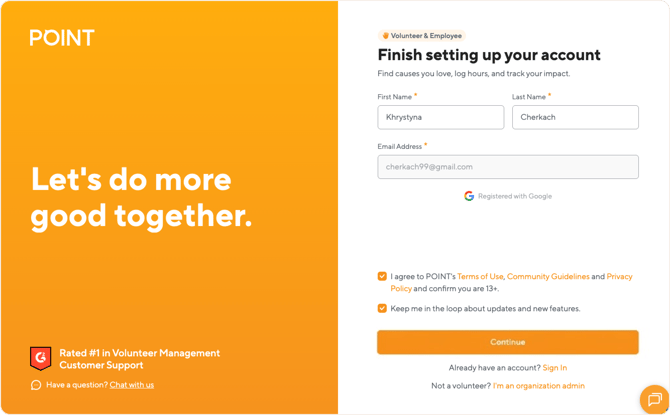 Finish setting up your account screen with Google sign-up