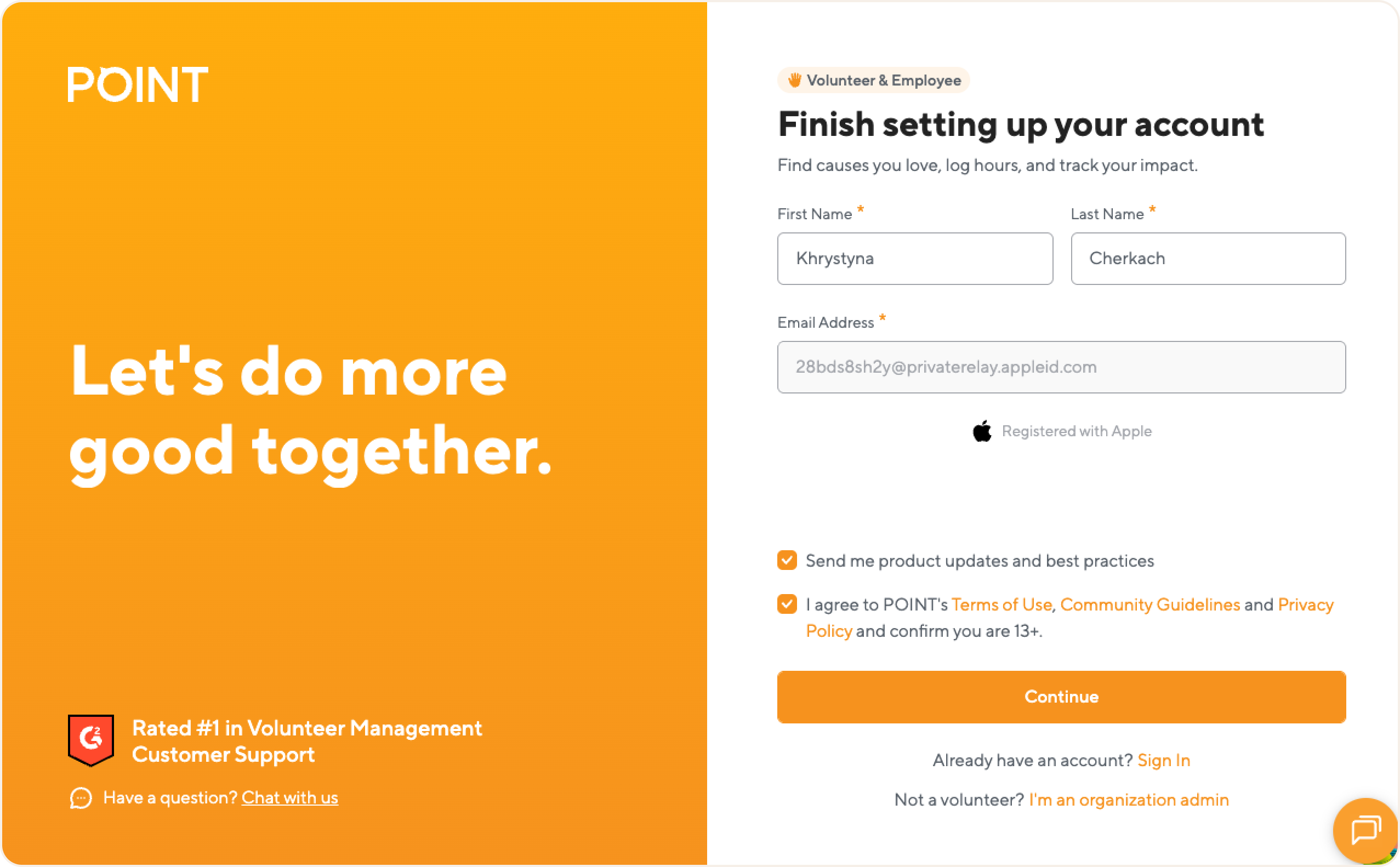 Finish setting up your account screen with Apple sign-up showing private relay email