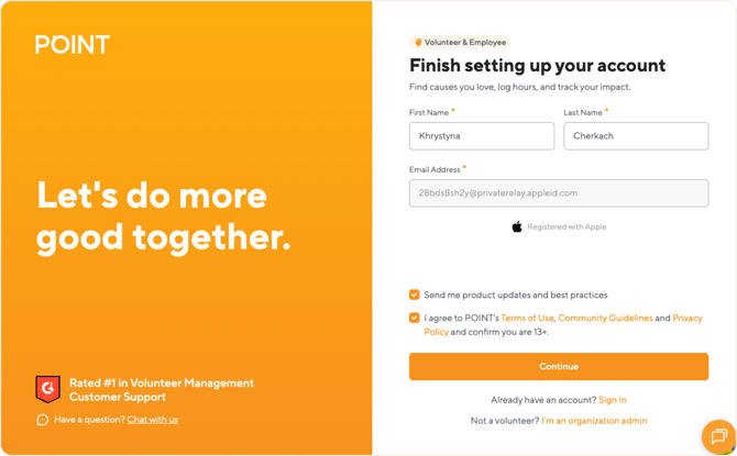 Finish setting up your account screen with Apple sign-up showing private relay email