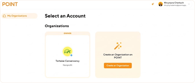 Select an Account page with Create an Organization card highlighted]